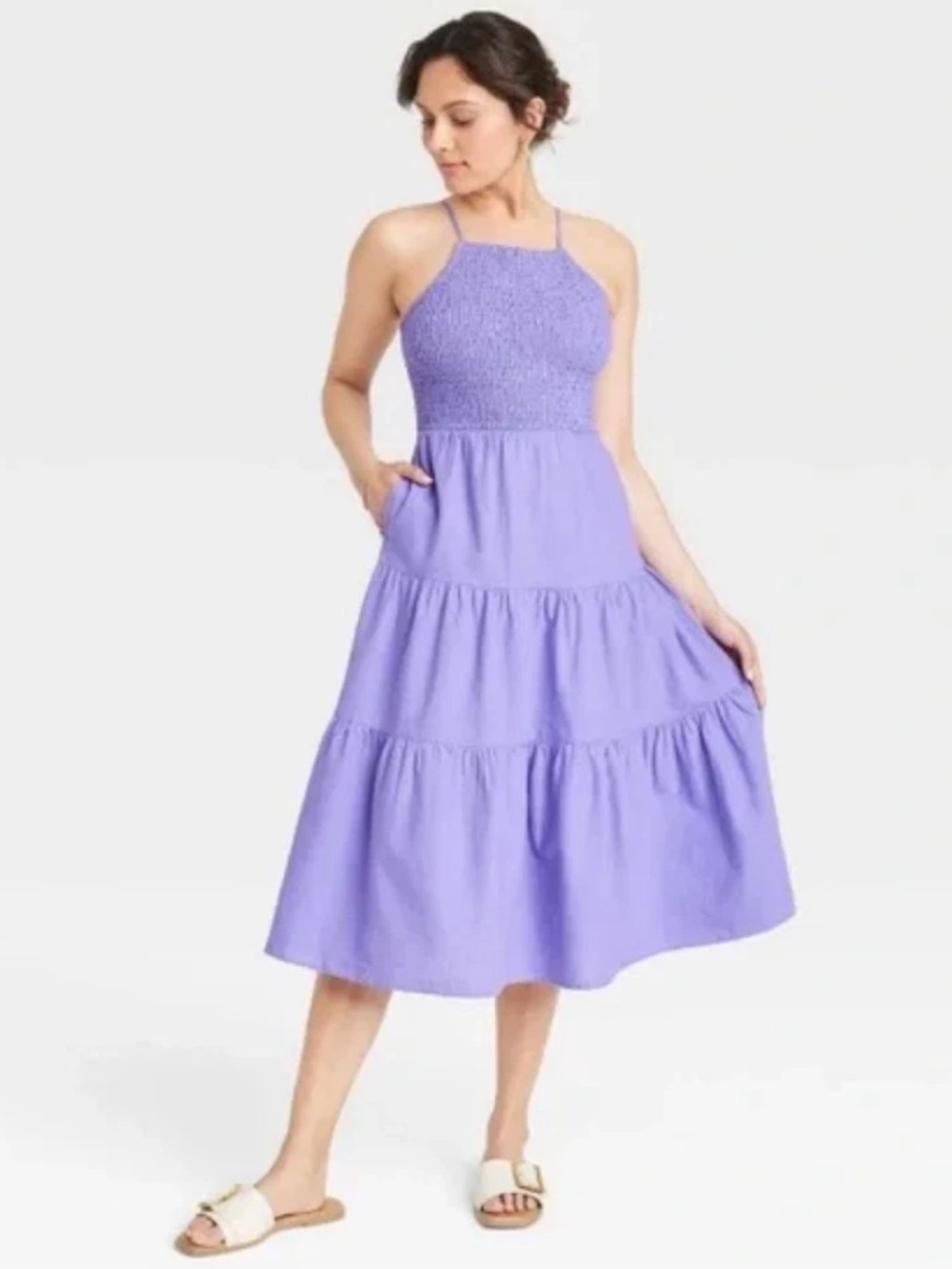 Universal Thread Smocked Cotton Linen Halter Tiered Midi Dress in Lavender NWT L